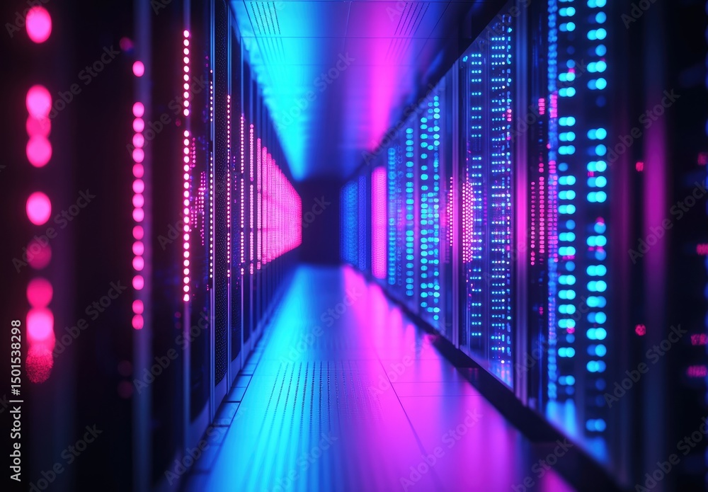 Poster Symmetrical neon-lit corridor of vibrant server racks in a futuristic data center, perfect for technology websites, cloud system visuals, and IT infrastructure design