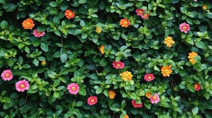 Bright flowers emerging from a dense, green plant wall, highlighting natural beauty and color contrast