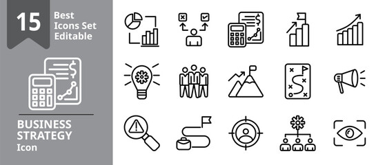 Set of Business Strategy icons. Icons Contains analysis, decision, goals, innovation, planning, target, teamwork, etc . Design elements for you projects. Editable stroke vector illustration	