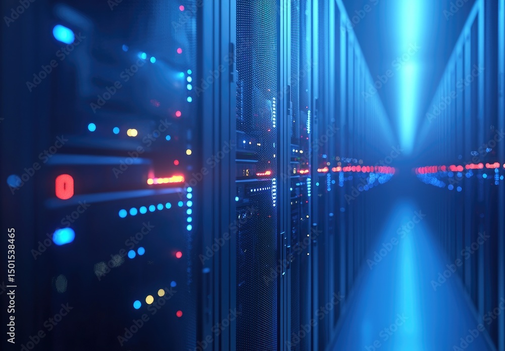Poster long corridor of glowing blue servers in a secure data center, perfect for illustrating cloud system