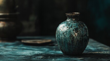 Rustic ceramic vase on textured dark background still life pottery decor antique artistic scene moody