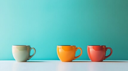 Minimal three mugs against turquoise wall clean symmetry kitchen decor concept pastel drink cups vibrant