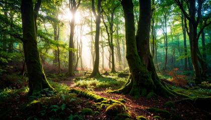 Obraz premium Enchanted Forest Sunbeams Through Ancient Trees