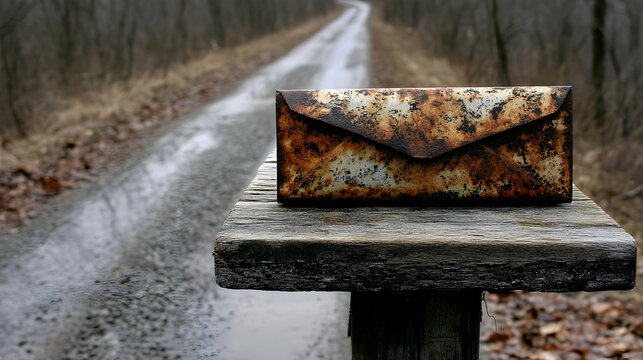 A dilapidated mailbox beside a lonely gravel road conveys the weight of forgotten correspondence