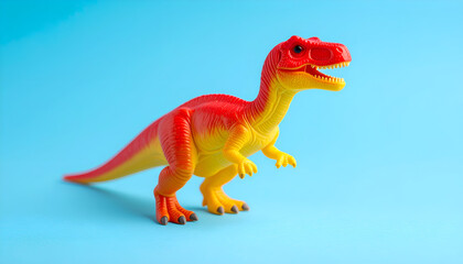 Fototapeta premium Red and Yellow Plastic Dinosaur Toy Standing on Blue Background 