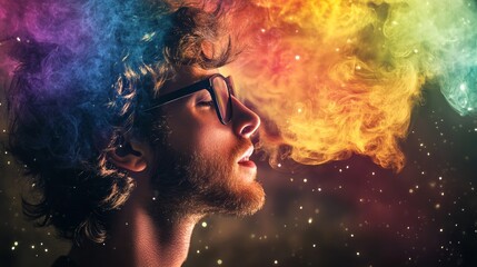 Man imagination abstract smoke rainbow portrait surreal dream mind explosion artistic visionary fantasy ideas