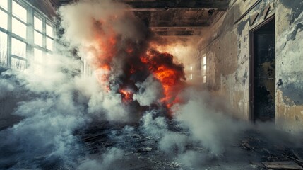 Obraz premium Explosive smoke abandoned industrial space chaos urban grunge dramatic destruction surreal fire danger moody