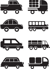 A vector illustration set of transportation icons featuring cars, trucks, buses, vans, and taxis for various travel and delivery designs