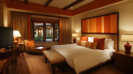 Warm modern bedroom with honey wood and terracotta accents