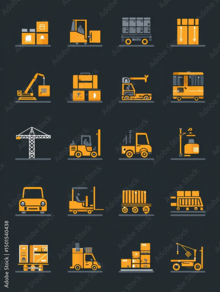 Poster flat icon set featuring construction logistics and packaging elements with a central fade background