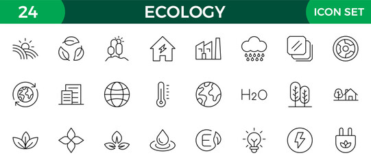 Ecology icon set. Ecofriendly icon, nature icons set. Linear ecology icons. Environmental sustainability simple symbol. Simple Set of Line Icons.Global Warming, Forests, Organic Farming.