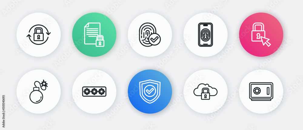 Poster set line shield with check mark, lock, bomb, cloud computing lock, mobile fingerprint scanner, finge