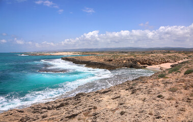 Aerial panoramic view of the natural rocky coastline of the Mediterranean Sea in the area of ​​HaBonim Beach Nature Reserve, Israel