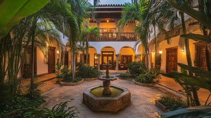 Fototapeta premium Tranquil Courtyard Oasis: Fountain, Tropical Plants, and Spanish Colonial Architecture