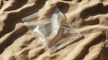 Clear plastic ziplock pouch mockup lying flat on a textured beige fabric for natural theme packaging