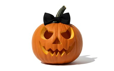 Elegant Halloween Jacko'Lantern with a Charming Black Bow on a White Background