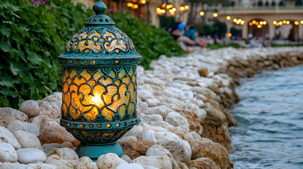Elegant turquoise lantern casting warm light on a serene seaside setting