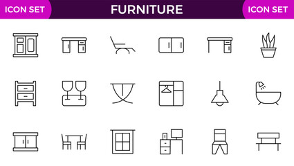 Furniture and home interior elements - thin line web icon set. Outline icons of kitchen, living room, bedroom and office collection.