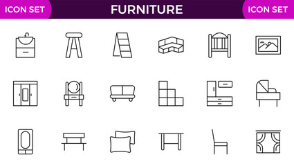 Furniture and home interior elements - thin line web icon set. Outline icons of kitchen, living room, bedroom and office collection.
