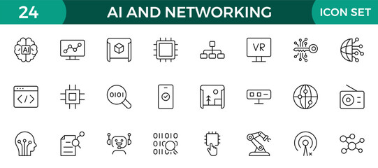 Artificial intelligence and Networking technology icon set. AI and networking editable line icon illustration.