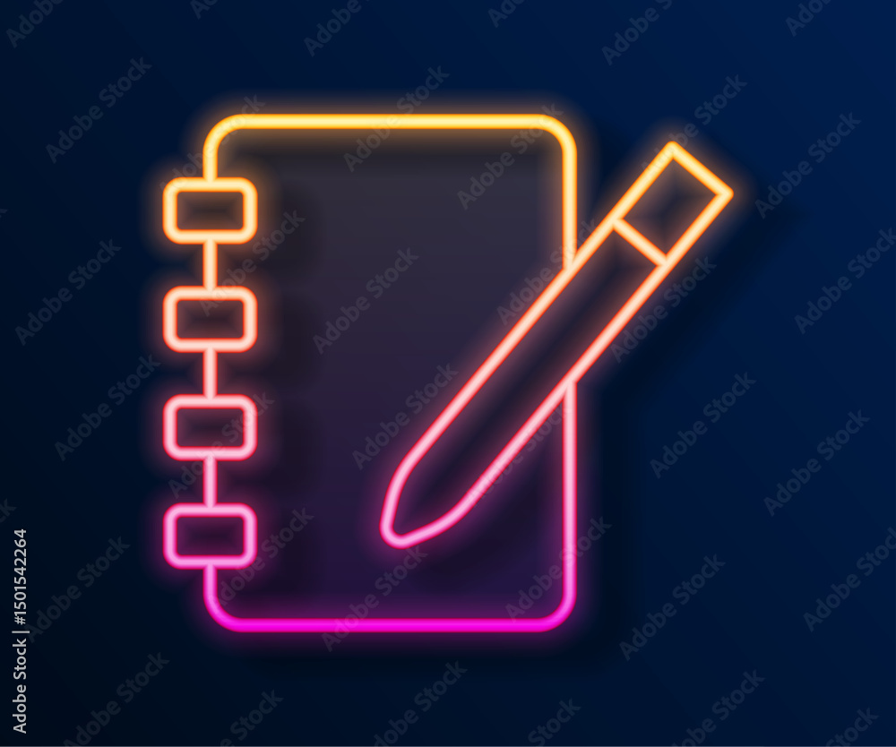 Poster glowing neon line notebook icon isolated on black background. spiral notepad icon. school notebook. 