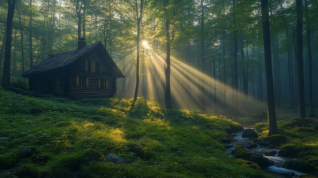 Rustic cabin in misty forest at dawn