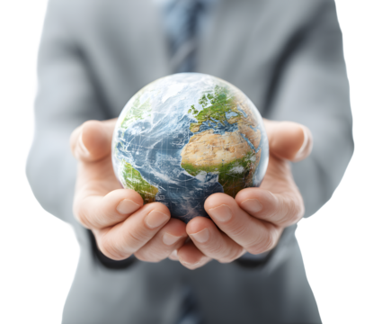 A person in a suit holds a miniature globe, representing global responsibility and care.