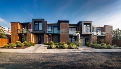 Obraz premium urban modern townhouses viewed from street level with architectural harmony