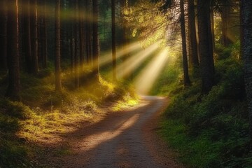 Fototapeta premium A serene forest trail winds through lush greenery, glowing with golden sunlight streaming between the tree branches in the late afternoon. This peaceful pathway invites exploration