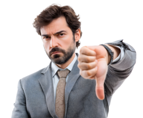 A formally dressed man with a displeased expression gives a thumbs down sign.