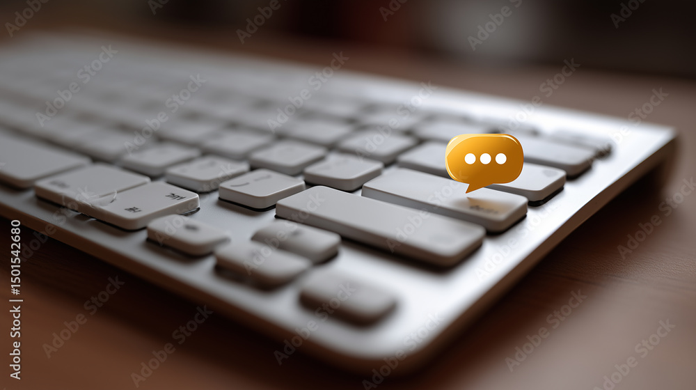 Poster modern keyboard with a chat bubble icon symbolizing communication, technology, and digital interacti