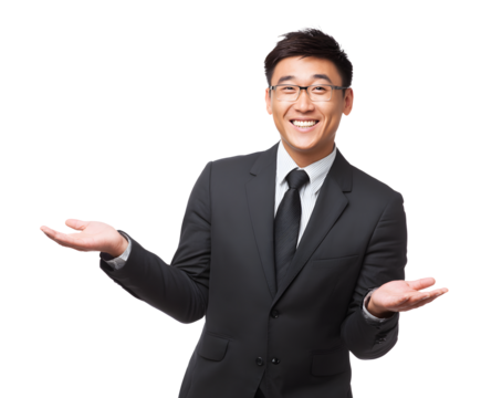 An asian businessman with glasses and a tie smiles while presenting with open arms.