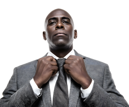 A stylish, professional African-American man in a suit adjusting his tie with authority.