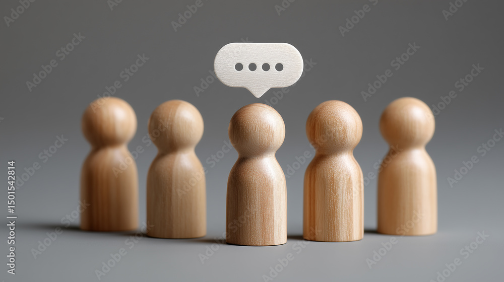 Poster group of wooden figurines with one standing out and a speech bubble above it, representing communica