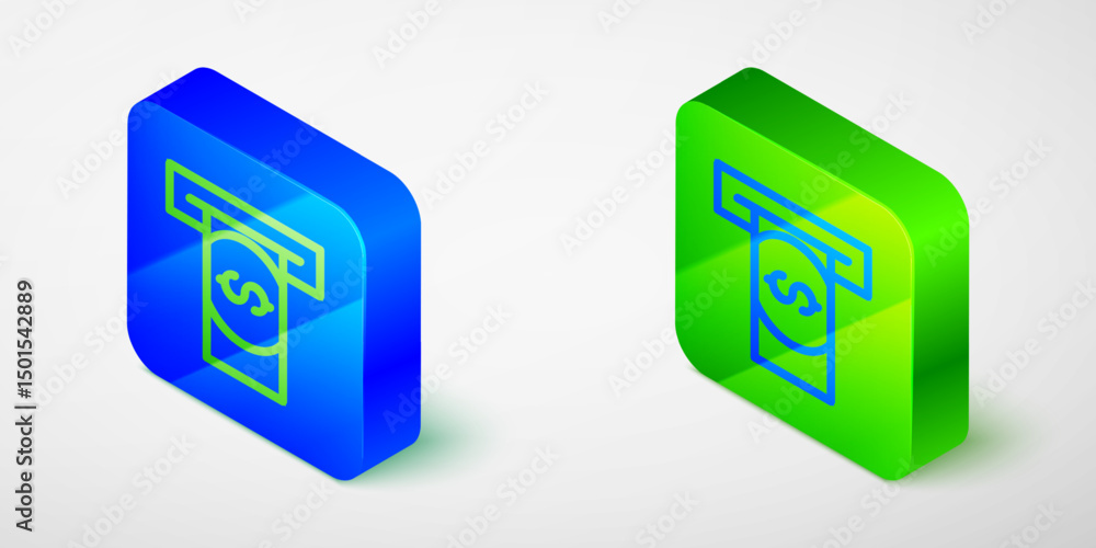 Poster isometric line atm - automated teller machine and money icon isolated on grey background. blue and g