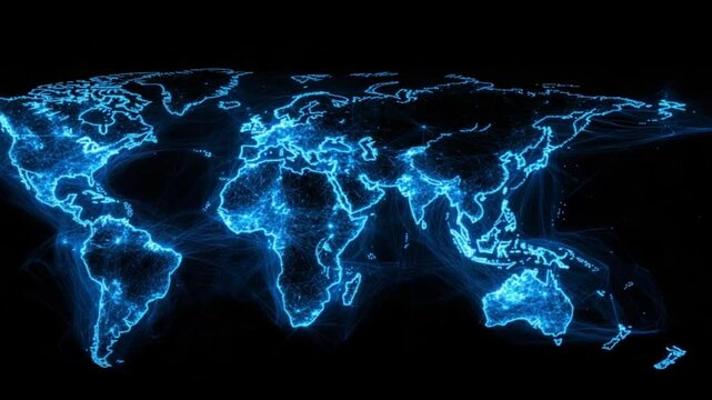 Global network connections, world map, digital data flow, dark background, tech illustration