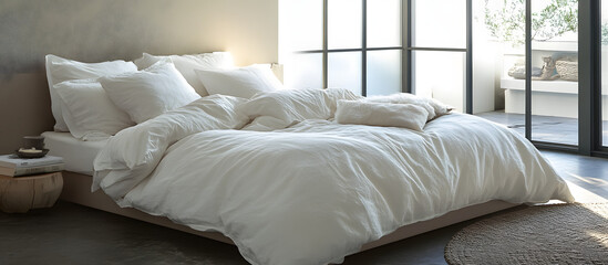 Fototapeta premium In a modern bedroom setting, an unmade bed with crisp white sheets and fluffy pillows stands prominently. The morning light gently illuminates the room, creating a simple yet inviting scene.