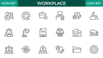 Workplace web icons in line style. Employ, conference, project, document, business, work, support, contact us, productivity strategy, collection.