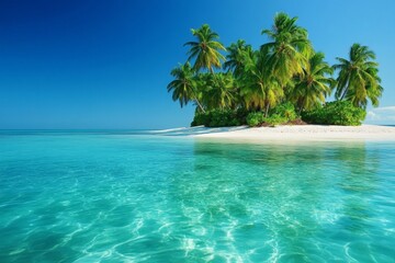 A serene tropical island features pristine white sandy beaches and tall coconut trees swaying gently in the breeze. The crystal-clear water invites relaxation and tranquility