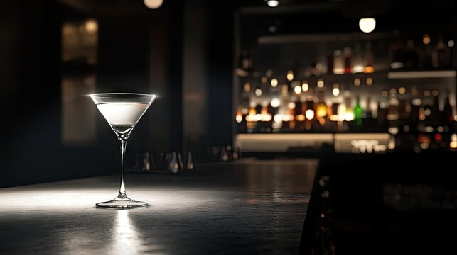 Cocktail glass standing alone under a spotlight on a moody, upscale bar counter