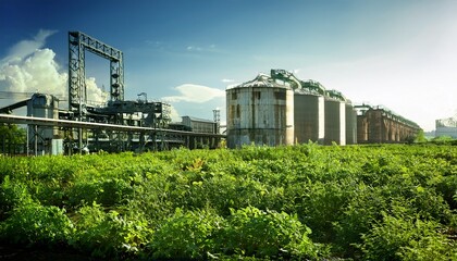 Obraz premium green plants thriving near industrial structures