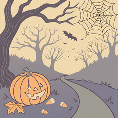 Spooky Halloween Night with Pumpkin and Bats