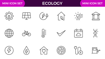 Ecology icon set. Ecofriendly icon, nature icons set. Linear ecology icons. Environmental sustainability simple symbol. Simple Set of Line Icons.Global Warming, Forests, Organic Farming.