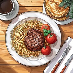 A plate of spaghetti with steak and tomatoes.