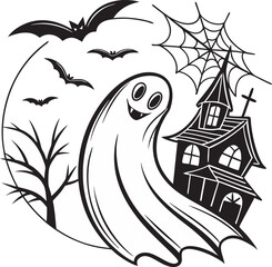 Spooky Halloween Night Ghostly House and Bat