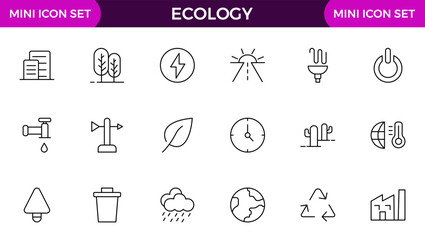 Ecology icon set. Ecofriendly icon, nature icons set. Linear ecology icons. Environmental sustainability simple symbol. Simple Set of Line Icons.Global Warming, Forests, Organic Farming.
