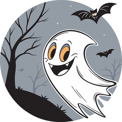 Friendly Ghost Celebrating Halloween Night With Bats