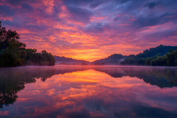 Fototapeta premium Sunrise reflecting onto tranquil waters. A picturesque scene of nature's beauty at its finest, serene & calm.
