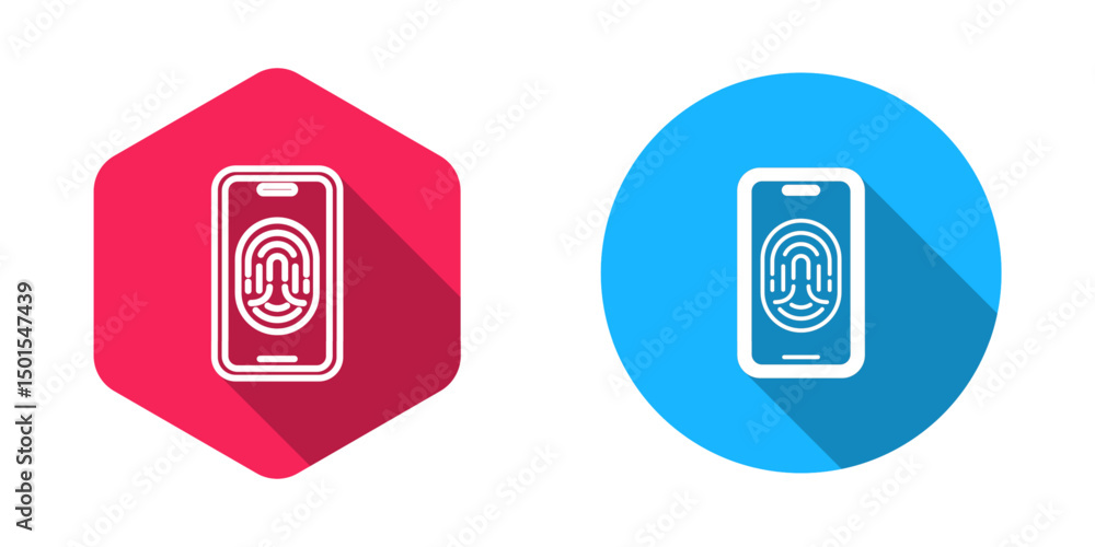 Poster filled and outline smartphone with fingerprint scanner icon isolated with long shadow background. co