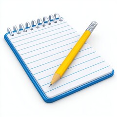 3D Notepad with yellow pencil isolated on white background